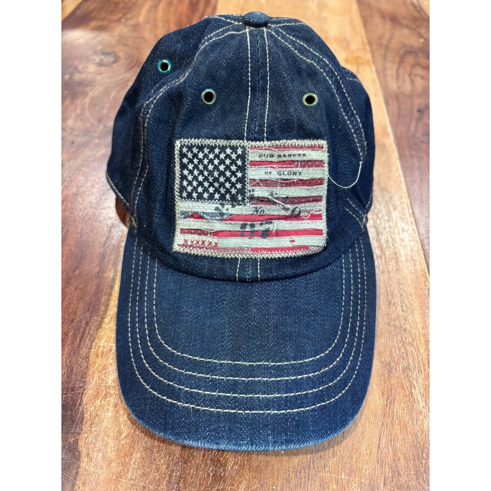 POLO RALPH LAUREN denim baseball cap mens OS dark wash distressed flag patch